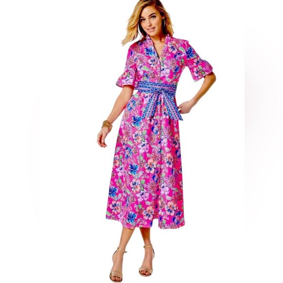 NWOT Women's LILLY PULITZER Marilisa Stretch Midi Dress Pink/Blue | Size 2 - Picture 2 of 14